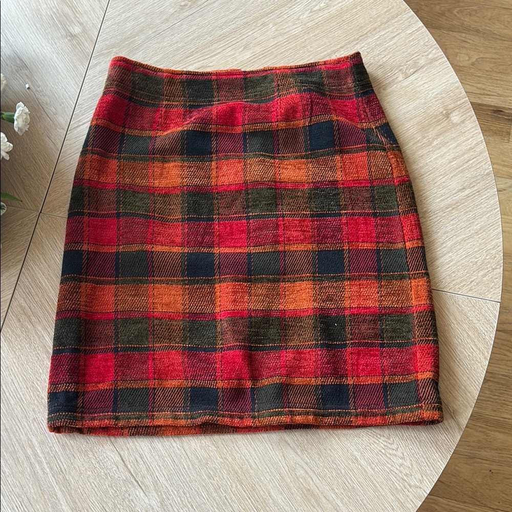 Plaid Wool Skirt in Red and Orange